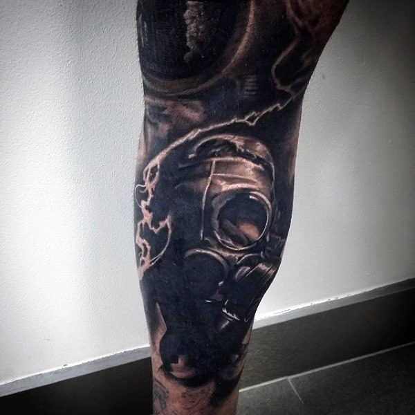 Leg Sleeve Mens Gas Mask Tattoo With Lightning Strike