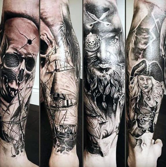 Leg Sleeve Pirate Ship Tattoo For Guys