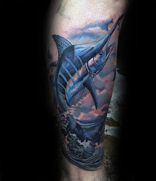 Leg Sleeve Realistic Marlin Mens Tattoo Ideas