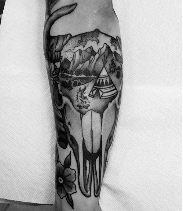Leg Sleeve Shaded Guys Teepee Animal Skull Tattoo Design Ideas