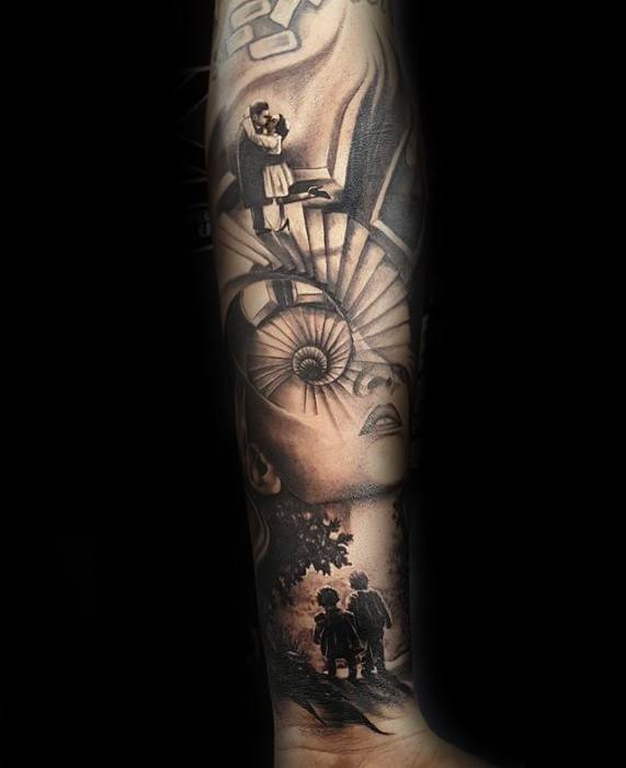 Surreal black and grey tattoo sleeve featuring a spiral staircase, floating couple, large eye, and two children walking into a forest.