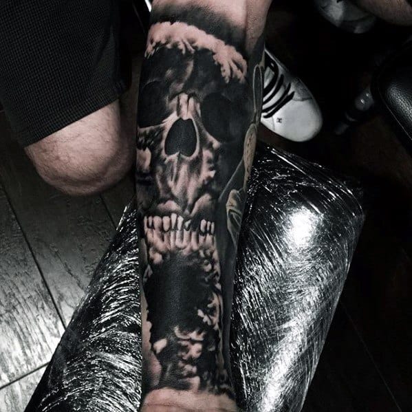 Leg Sleeve Skull With Mushroom Cloud Mens Tattoo Designs