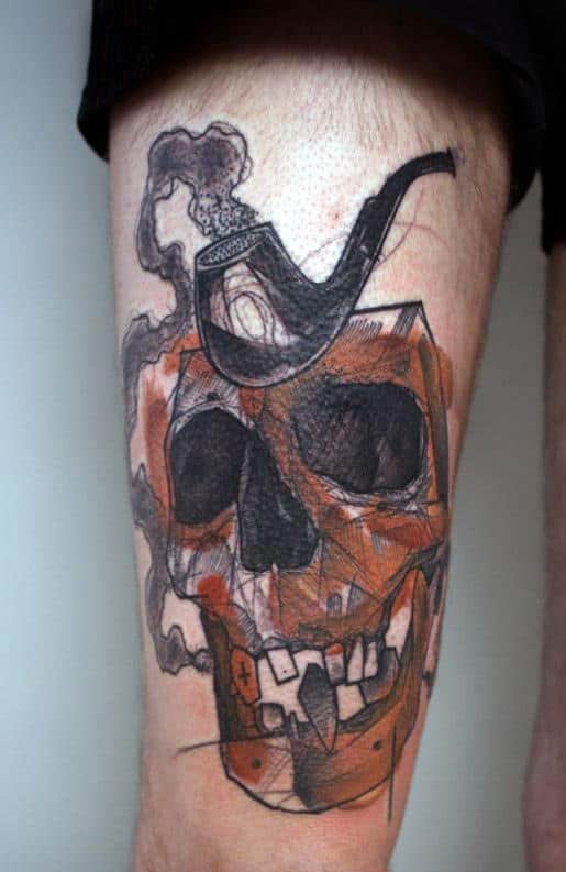 Tattoo of a skull with a smoking pipe on leg