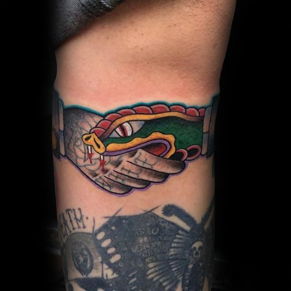 Leg Snake Biting Hand Handshake Guys Tattoo Designs