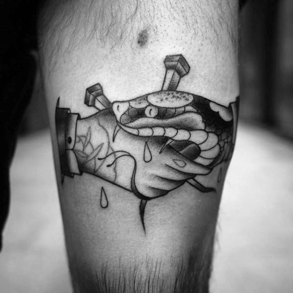 Leg Snake With Railroad Spikes And Handshake Mens Tattoo Ideas