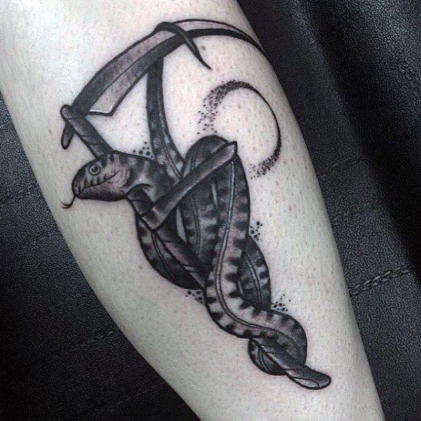 Leg Snake Wrapped Around Scythe Tattoos Guys