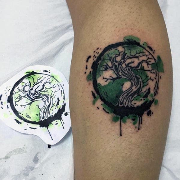 Leg Tattoo On Man Of Watercolor Bonsai Tree With Black And Green Ink