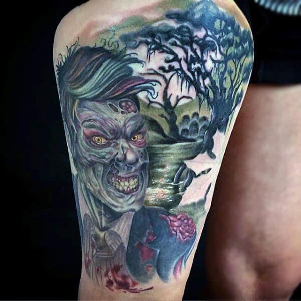 Leg Thigh Guys Zombie In Woods Tattoo Design