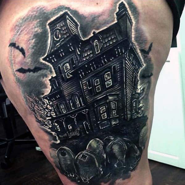 Leg Thigh Haunted House With Tombstones Tattoo