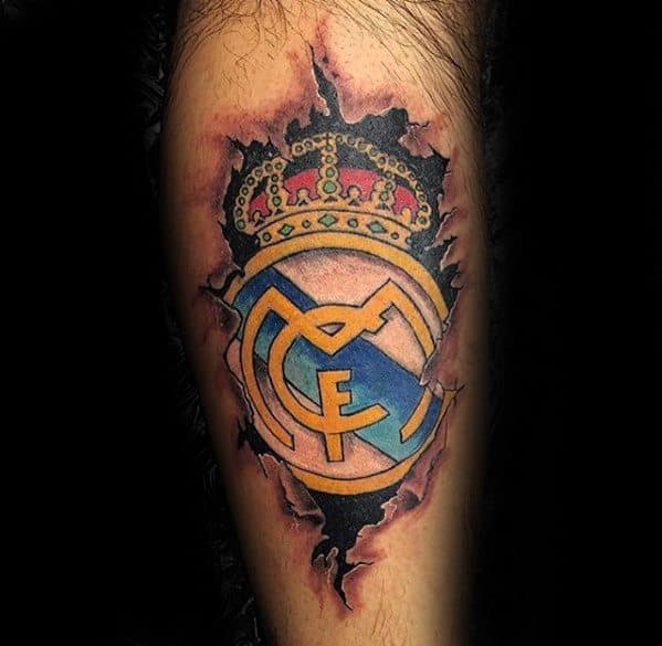 Leg Torn Skin Gentleman With Real Madrid Tattoo