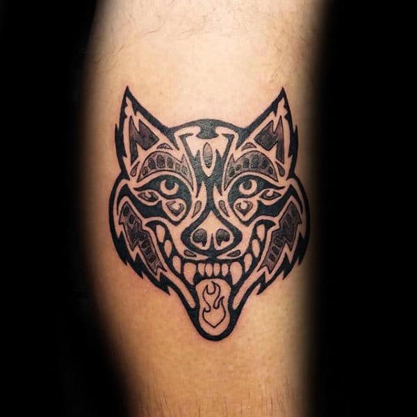 Leg Tribal Wolf Face Tattoo For Guys