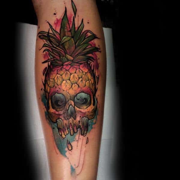 Leg Watercolor Guys Pineapple Tattoo