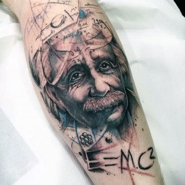 Leg Watercolor Sketched Albert Einstein Tattoos For Males
