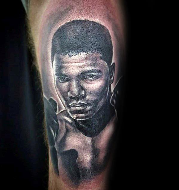 Leg White And Grey Shaded Ink Guys Tattoos With Muhammad Ali Design