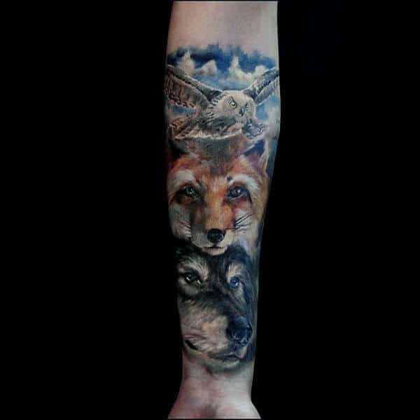 Legendary Pair Of Fox And Owl Tattoo Males Forearms