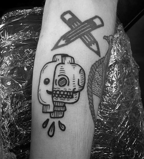 Black line tattoo of a Lego minifigure head split in half, revealing a skull on one side with dripping details for a dark, creative twist.
