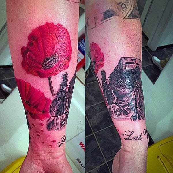 Lest We Forget Memorial Poppy Tattoo On Mans Wrist