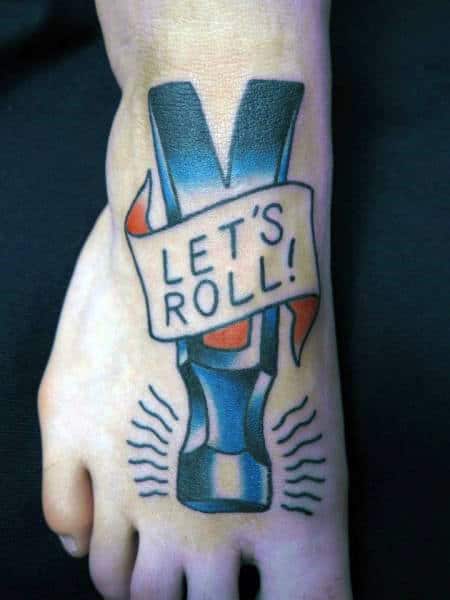 Lets Roll Ribbon Claw Hammer Foot Tattoos For Men
