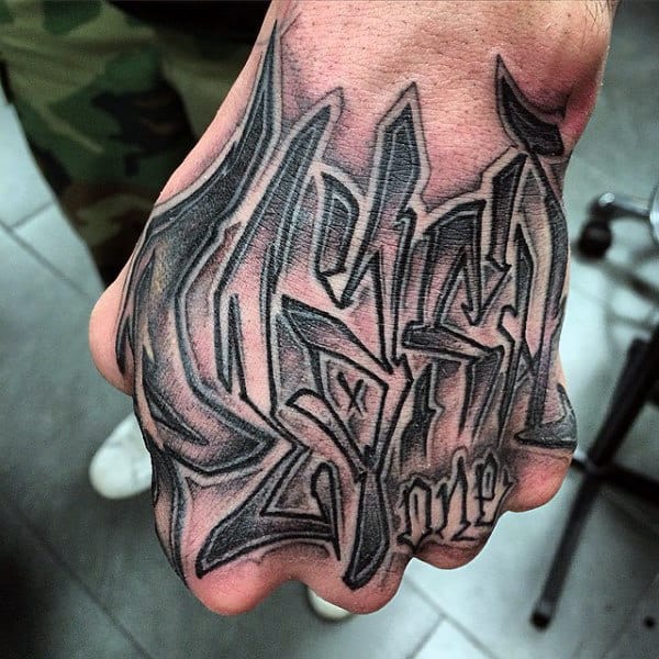 Lettering Graffiti Black Ink Mens Hand Tattoos