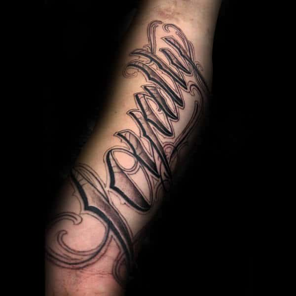 Lettering Loyalty Male Forearm Tattoo Ideas