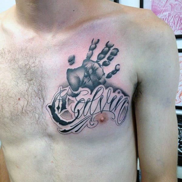Lettering Script Mens Handprint Upper Chest Tattoo Design Ideas