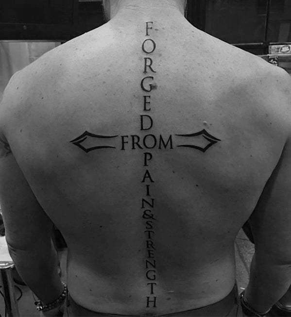 Lettering Simple Cross Full Back Guys Spine Tattoo Ideas