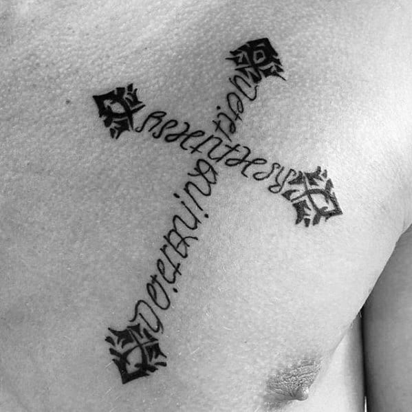Lettering Simple Cross Male Chest Attoos