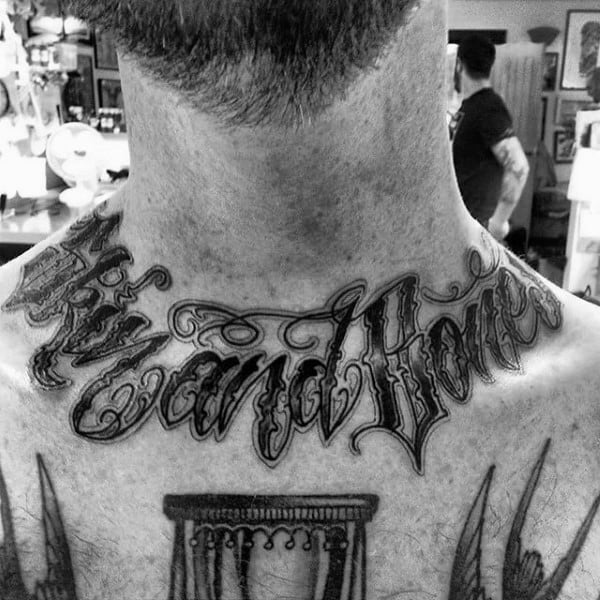 Lettering Skin And Bones Collar Bone Male Tattoos