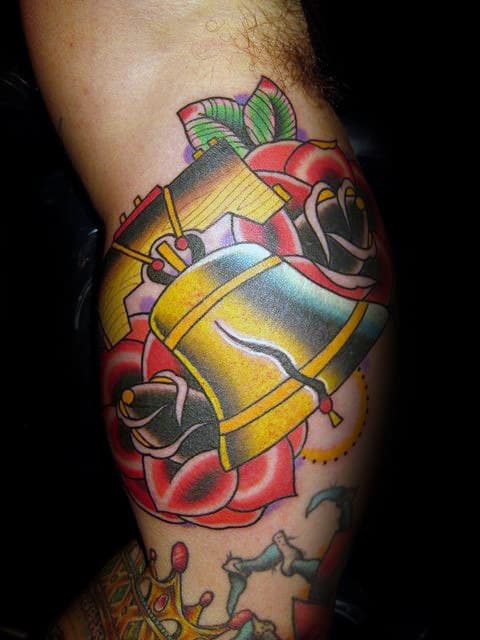 Liberty Bell With Rose Flowers Mens Bicep Inner Arm Tattoos
