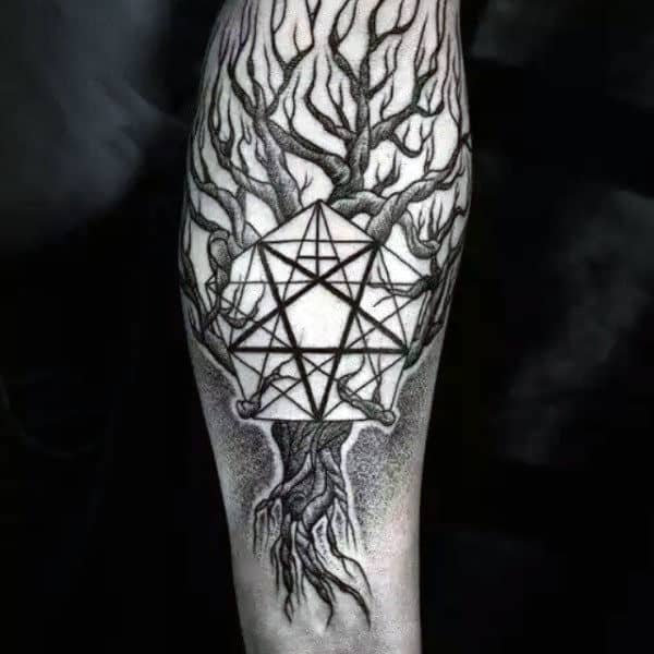 Lifeless Tree Clutching Pentagram Tattoo Male Arms