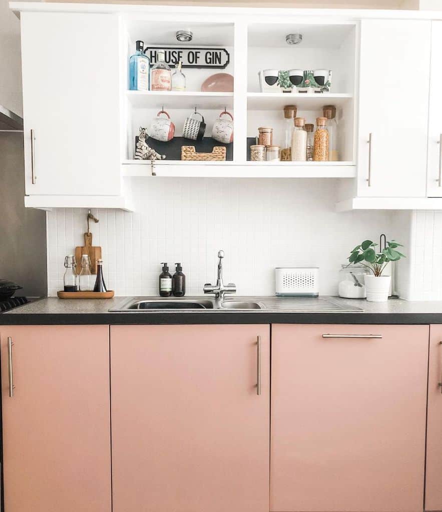 country kitchen white and pink cabinets