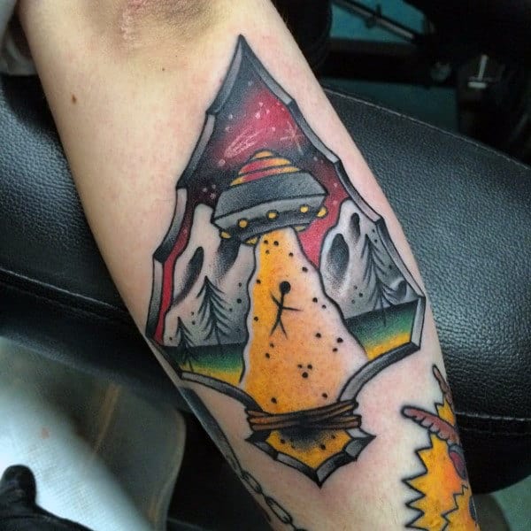 Light From Ufo Inside Arrowhead Tattoos On Forearms Men