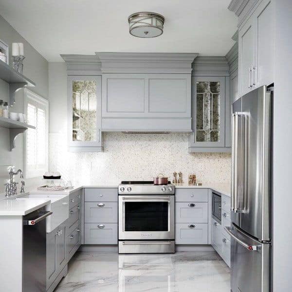light gray kitchen cabinets with epoxy concrete floor