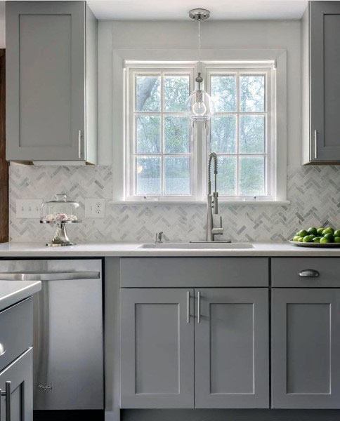 light gray kitchen cabinets subway tile backsplash