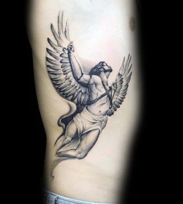Light Grey Shaded Rib Cage Side Icarus Tattoo On Guy