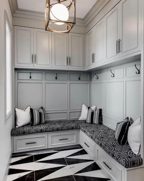 small traditional gray cabinet mudroom with bench