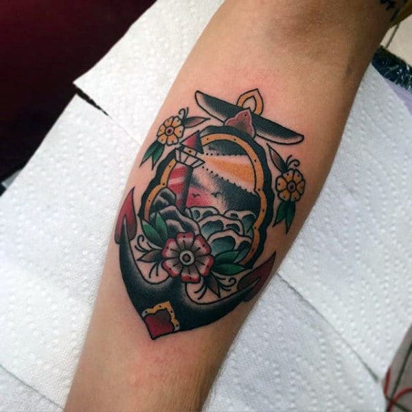 Light House Traditional Anchor Mens Inner Forearm Tattoos