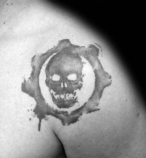 Light Shaded Gears Of War Mens Upper Shoulder Tattoo