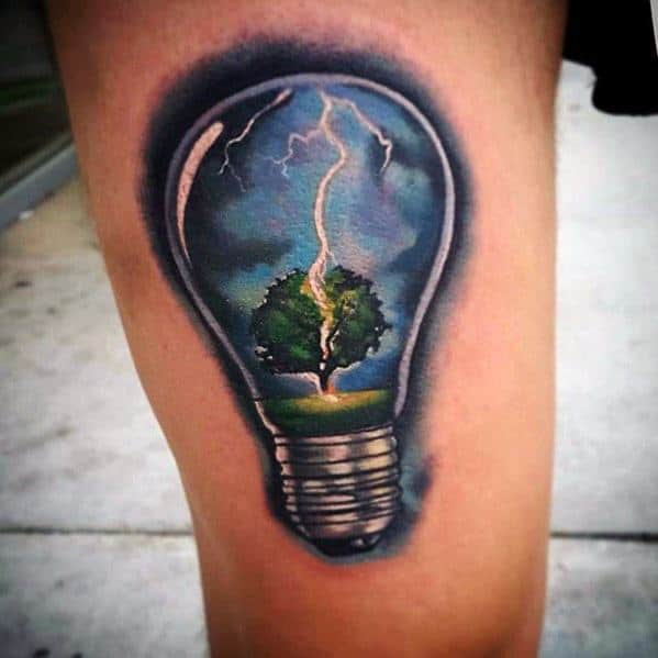Lightbulb Thunderstorm With Lighting Striking Tree Guys 3d Realistic Tattoo Designs