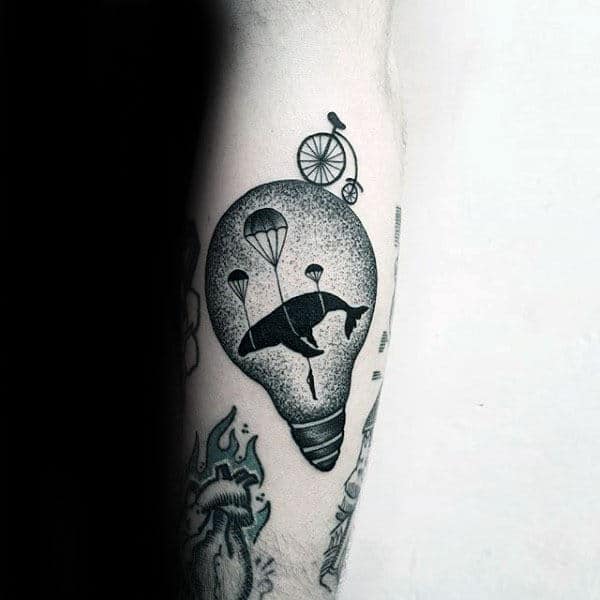 Lightbulb Whale Mens Unique Outer Forearm Tatto Design Ideas