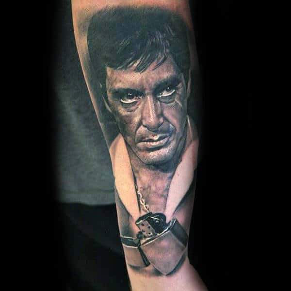 Lighter With Scarface Design Mens Forearm Tattoo