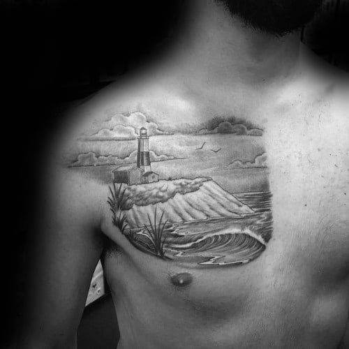 Lighthouse Beach Clouds In Sky Male Chest Tattoo