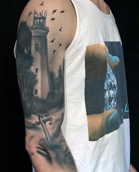 Lighthouse Beach Palm Trees Tattoo Designs For Guys