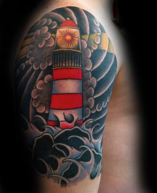 Lighthouse Cloud With Waves Japanese Guys Half Sleeve Tattoo