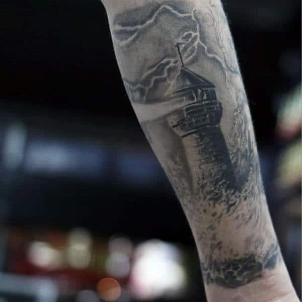 Lighthouse Detailed Mens Forearm Tattoos