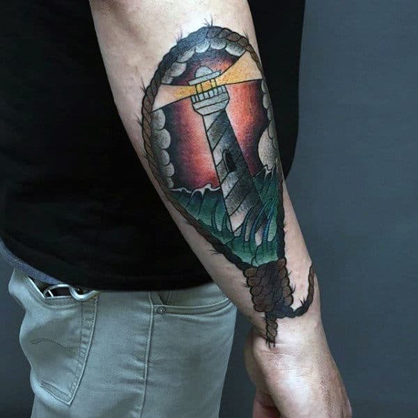 Lighthouse In Rope Framed Mirror Tattoo Male Forearms