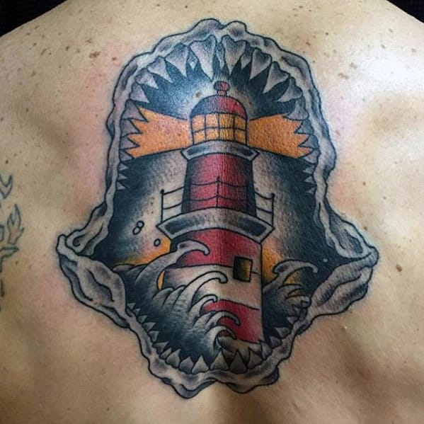 Lighthouse In Shark Jaw Guys Old School Back Tattoos