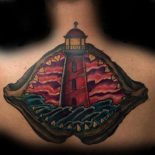 Lighthouse Inside Of Shark Jaw Guys Upper Back Tattoos