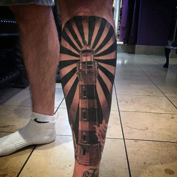 Lighthouse Rays Mens Black And Grey Shin Tattoo Design Inspiration