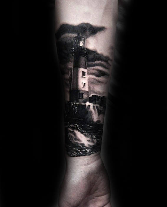 Lighthouse Realistic Guys 3d Forearm Sleeve Tattoo Designs